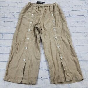 Fenini Linen Wide Leg Pants WOMENS L Elastic Stretch Waist Pull On Lagenlook